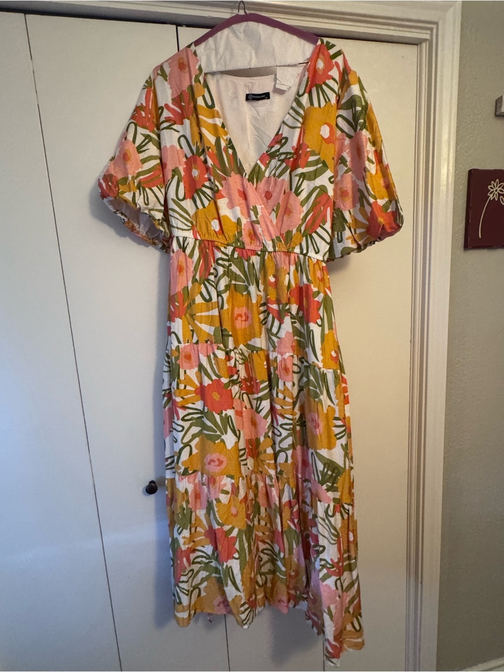 Floral V-Neck Tiered Midi Dress in Multi Pink/Yellow